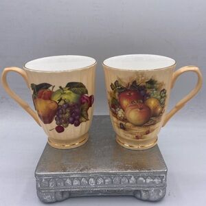 Strauss Home Fine Bone China Two Fruit Motif Design Mugs/Cups Gold Accents